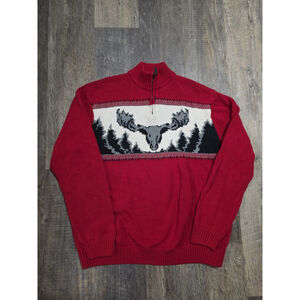 Chaps VTG Mens 2XL Sweater 1/4 Zip Red Moose Print Pullover Outdoors Cabin